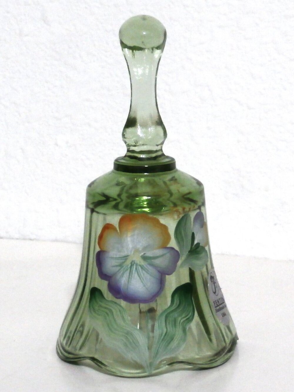 Vintage FENTON Glass BELL Green Signed, Fenton Paper Sticker Painted Flowers